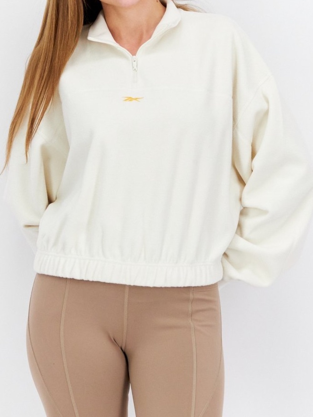 Reebok Cozy Cream Fleece Half Zip Cropped Sweatshirt Pullover Size XL Great Cond